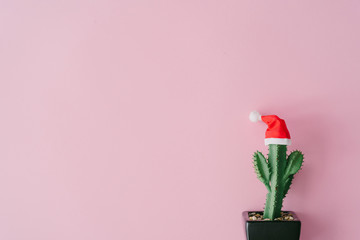 Tropical summer cactus plant with santas hat on pink background with copy space. Minimal flat lay...