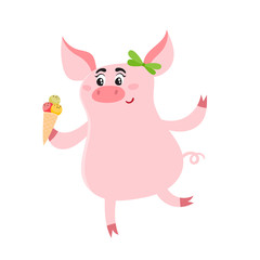 Cute pig girl with sweet ice cream isolated on white.