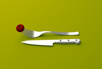 Knife and fork isolated on a green background, 3d illustration