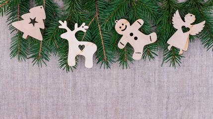 Christmas decorations on the vintage linen backgrounds