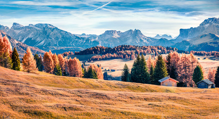 Splendid outdoor panorama of Alpe di Siusi mountain plateau with beautiful yellow larch trees....