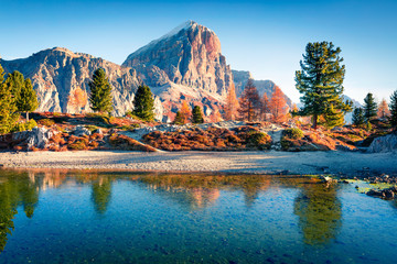 Splendid autumn view of Limides Lake and Lagazuoi mountain. Colorful morning view of Dolomite Alps,...