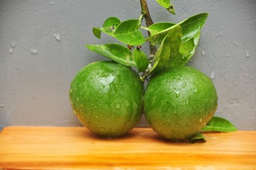 Lemon and leaves on grey background.