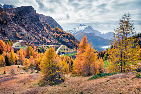 Picturesque morning view from the top of Giau pass. Colorful autumn landscape in Dolomite Alps, Cortina d'Ampezzo location, Italy, Europe. Beauty of nature concept background.