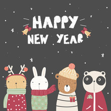 Cute new year greeting card with cartoon animals. Vector hand drawn illustration.