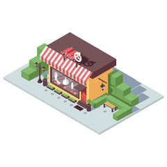 Vector isometric store front for atelier or tailor shop in bright colors. Simple illustration with greenery