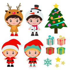 cute christmas kids costume flat style set
