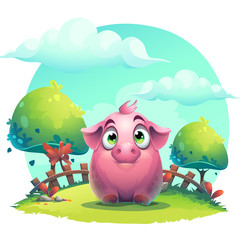 Vector cartoon big pig on a on the lawn background