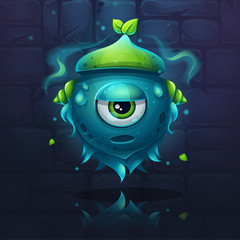 Vector cartoon eye monster on a brick wall background