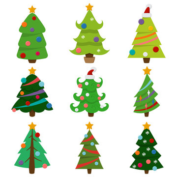 Christmas trees decorated vector set flat cartoon icons of different form of spruce and pine isolated on white background.
