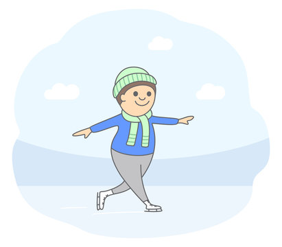 Concept of active lifestyle. Happy man skating on ice. Vector illustration