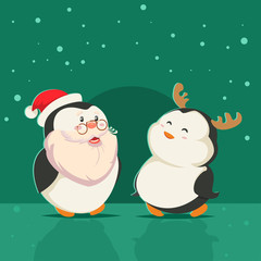 Cute penguins with reindeer antlers and a Santa Claus suit. Vector cartoon animal character. Winter illustration.