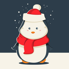 Cute Christmas penguin in Santa Claus hat and in a red scarf. Vector cartoon animal character. Winter illustration.