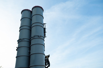 Nuclear combat are directed. Social problems. Hostilities. Economic instability. Antiaircraft missile complex, ballistic launcher with big missiles ready to attack, modern army industry