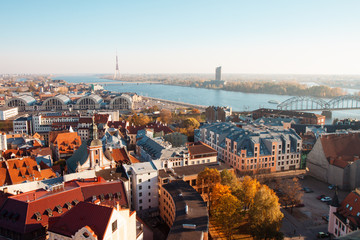 View of the autumn of Riga from the observation deck of the tower of the Church of St. Peter
