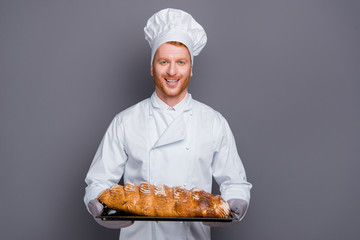 Glad cheerful grinning careless carefree chef stand isolated on 