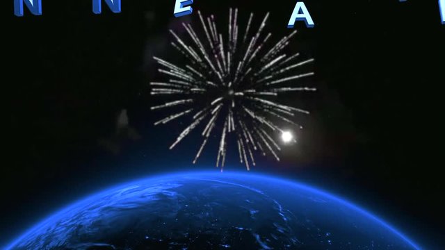  Fond de la plan&egrave;te Terre anim&eacute;e avec feux d'artifice, moderne avec bonne ann&eacute;e 2019 dans l'espace, rendu abstrait avec titres en 3D Cam&eacute;ra lente en 4K.