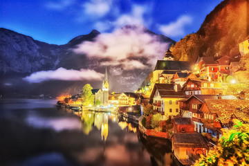 Beautiful night scenery of Hallstatt village and Lake Hallstatter See in Austria. The world UNESCO heritage site. Hallstatt is famous and popular European travel destination. Landscape photography.