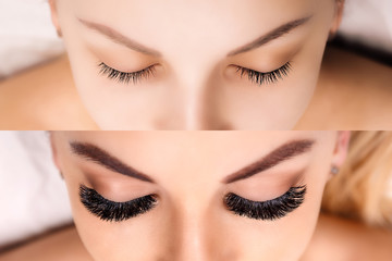 Eyelash Extension. Comparison of female eyes before and after. Hollywood, russian volume