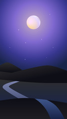 Vector landscape - field, moon and stars in sky in night time, phone screensaver. Colorful trendy gradients, iridescent colors. Effect soft transition. Background template, modern design illustration.