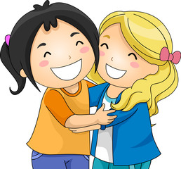 Kids Girlfriends Hug Illustration