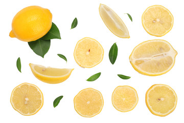 Fototapeta na wymiar Lemon with leaf and slices isolated on white background. Lay Flat, top view
