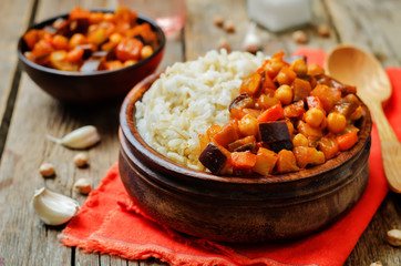 Eggplant and tomato chickpea curry with rice