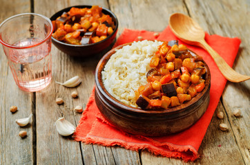 Eggplant and tomato chickpea curry with rice