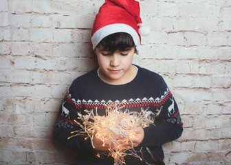 child with Christmas lights on brick background