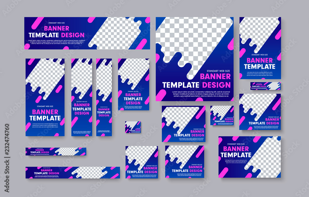Poster set of vector web banners with blue gradients, pink design elements and place for photo.