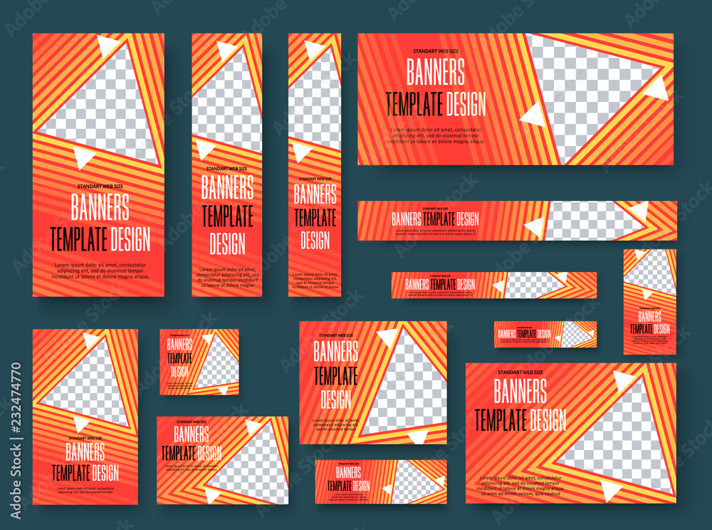 Poster Set of vector web banners with yellow gradient, triangular design elements and place for photo.