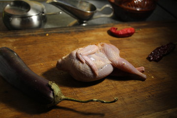 quail on a wooden board.