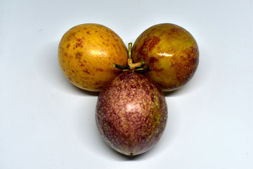 Passion fruits were arranged on a white background.