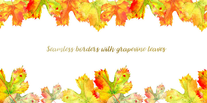 Long seamless border frame of fall grape vine leaves. Autumn foliage isolated on white background. Realistic watercolor hand painted illustration. White space for text