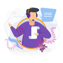 Customer service operator vector concept. Online and offline customer assistance. A man in a headset with a microphone sends a voice message. Support and maintenance, increase loyalty.