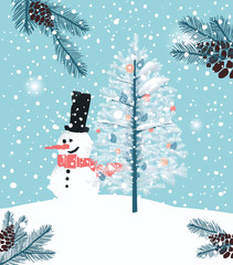 Snowman on blue snowy background with xmas tree