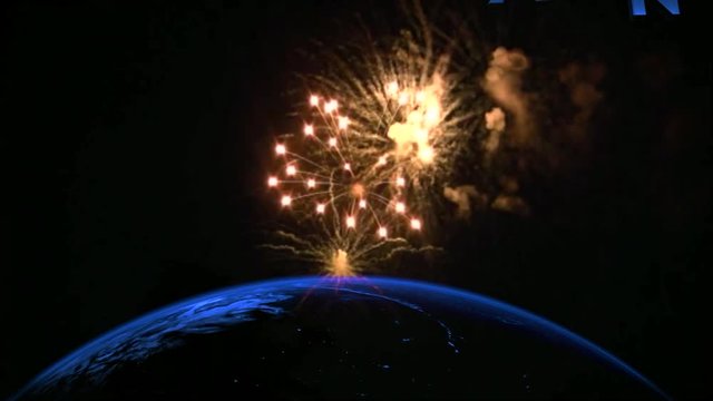 Sfondo del pianeta terra animato con fuochi d'artificio, moderno con felice anno nuovo 2019 che esce nello spazio, rendering astratto con titoli 3d. Foto camera lenta in 4K.
