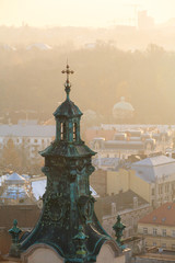 Bell tower of Latin Cathedral in Lviv, Ukraine. Sunset on Lviv city. Top view