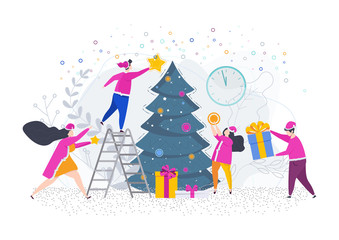 A group of people, young men and women decorate a Christmas tree. Greeting card for Merry Christmas and Happy New Year. Illustration for flyer and booklet, brochure and website.