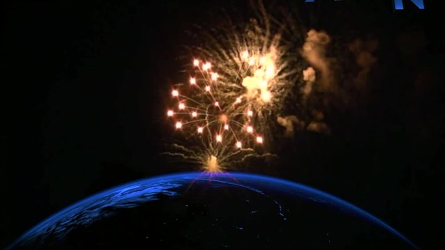 Sfondo del pianeta terra animato con fuochi d'artificio, moderno con felice anno nuovo 2019 che esce nello spazio, rendering astratto con titoli 3d. Foto camera lenta in HD