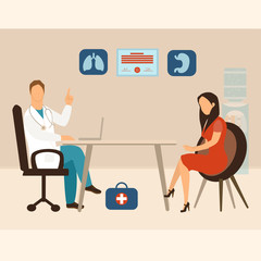 Medicine concept. Practitioner doctor man and young fashionable woman patient in hospital medical office or polyclinic. Consultation and diagnosis. Vector illustration in flat cartoon style.