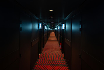 A long, dark hallway with many doors and lights.
