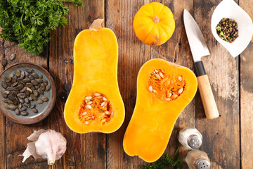 cooking butternut on wood background