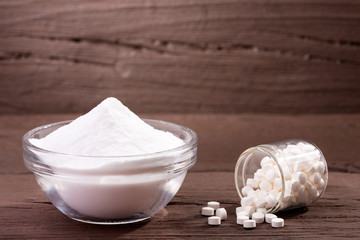 Natural sweetener in powder from stevia plant - Stevia rebaudiana.