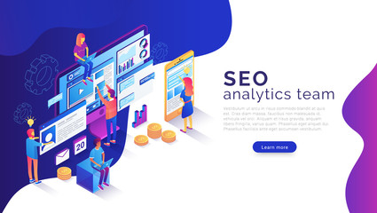 Seo analysis and optimization landing page template. 3d isometric illustration with team of specialists working with web pages and mobile apps and websites