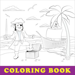 Children coloring book. Pirate stands with treasure chest. Pirate ship on the seashore. Isolated outline vector illustration