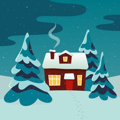 Country house and winter forest in the evening. Vector illustration in flat style