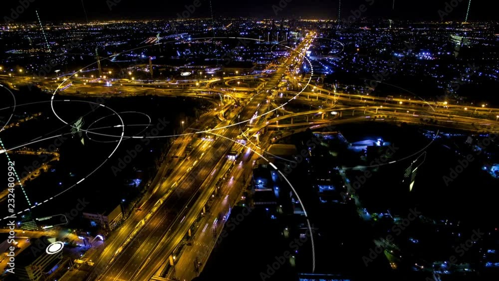 Poster futuristic digital broadcasting, gps location signals and data connectivity in the cityscape and exp