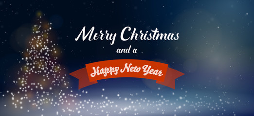 snowy merry christmas and new year greeting card with bokeh lights and blurry christmas tree vector illustration