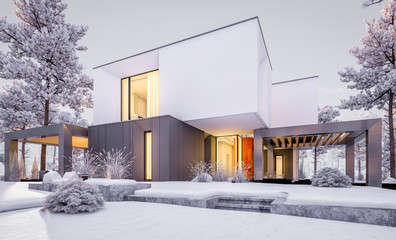 3d rendering of modern cozy house with garage and garden. Cool winter evening with cozy warm light from windows. For sale or rent with beautiful white spruce on background